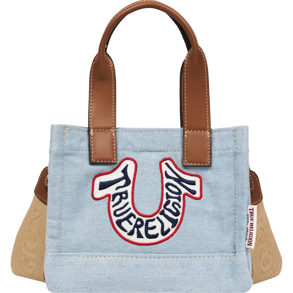 image:imageTrue Religion Retro Horseshoe Mini Tote Embroidered Logo Adjustable Strap Silver HardwareDenim