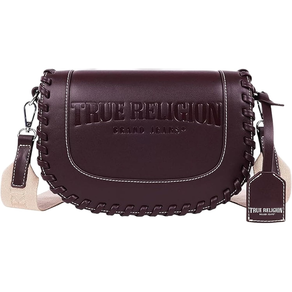 image:imageTrue Religion Saddle Bag Whip Stitch Flap Crossbody Purse with Wide Logo Strap and Magnetic Closure Wine  Whip Stitch Flap Crossbody Purse with Wide Logo Strap and Magnetic Closure Wine