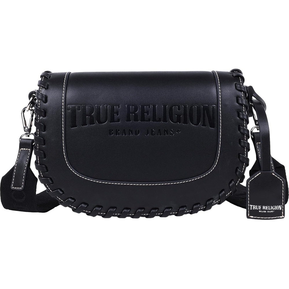 image:imageTrue Religion Saddle Bag Whip Stitch Flap Crossbody Purse with Wide Logo Strap and Magnetic ClosureBlack