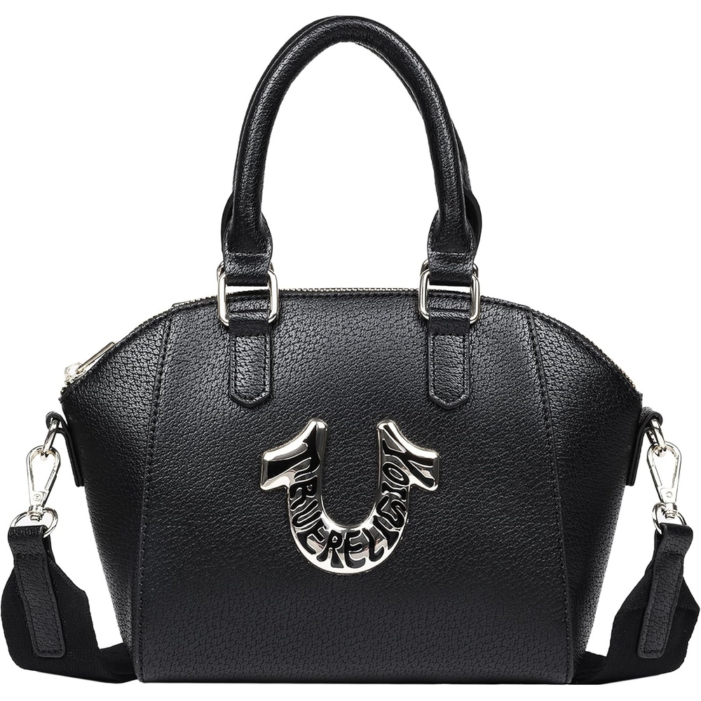 image:imageTrue Religion Satchel Bag Black  Retro Horseshoe Mini Purse with Oversized Logo Detachable Strap and Gold Hardware
