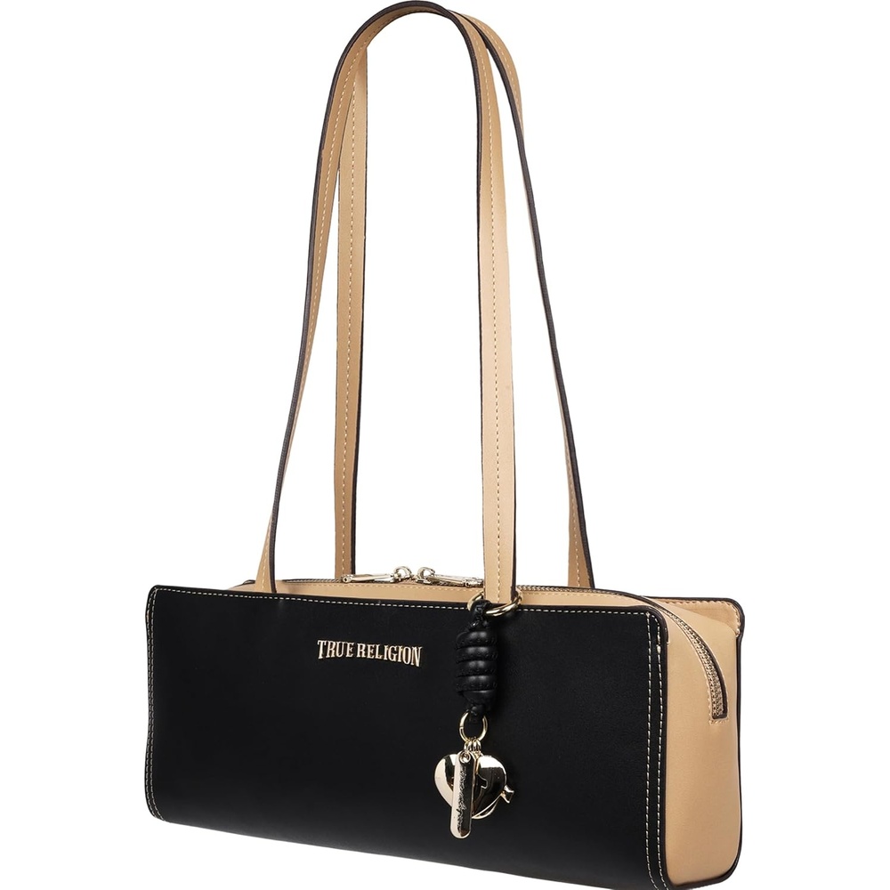 image:imageTrue Religion Satchel Bag EastWest Modern Structured Purse with Dual Shoulder Straps Logo Charm and Gold HardwareCamel