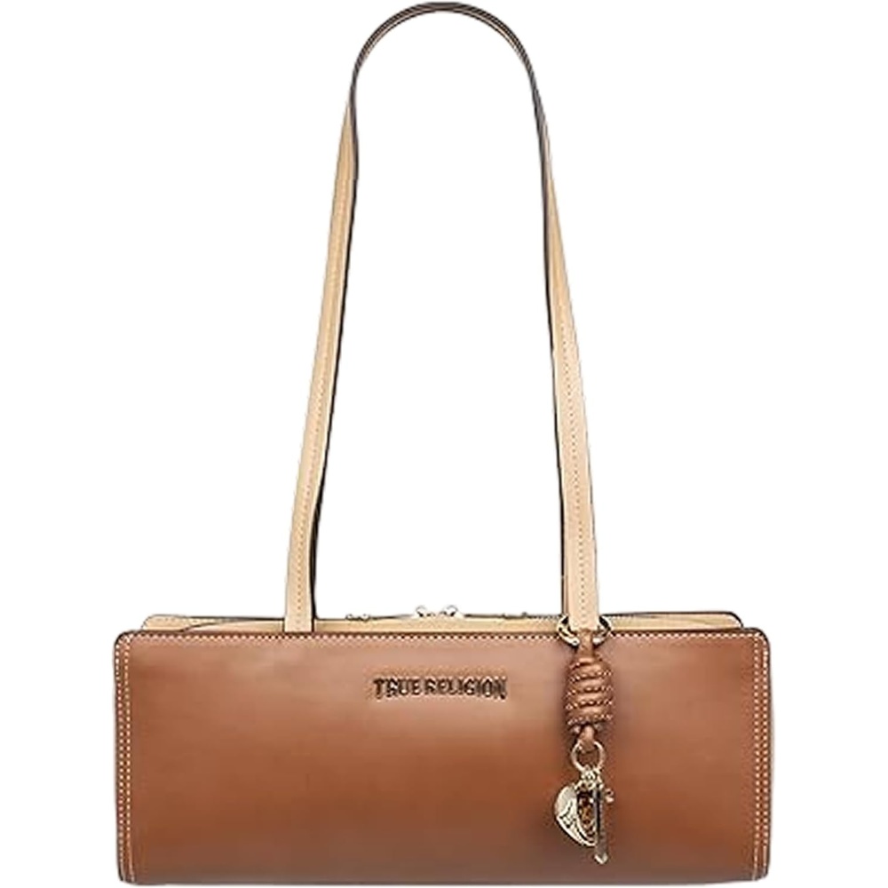 image:imageTrue Religion Satchel Bag EastWest Modern Structured Purse with Dual Shoulder Straps Logo Charm and Gold HardwareCognac