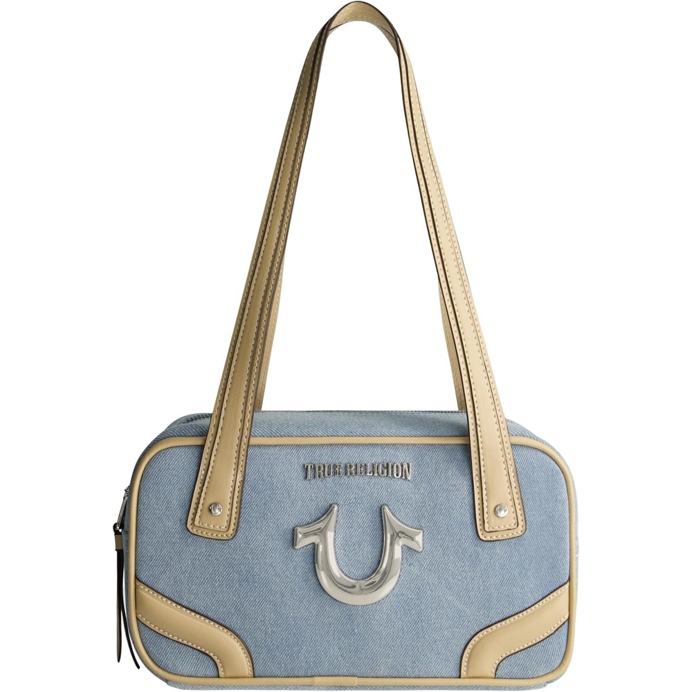 image:imageTrue Religion Satchel Bag Womens Denim Bowling Purse HandbagDenim