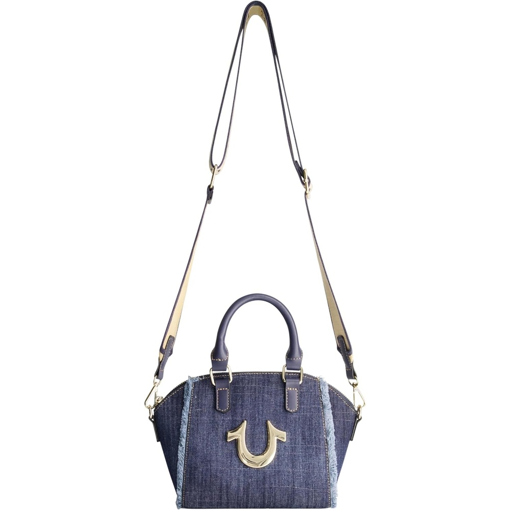 image:imageTrue Religion Satchel Bag Womens Frayed Denim Purse Shoulder Handbag with Horseshoe Logo Denim  Womens Frayed Purse Shoulder Handbag with Horseshoe Logo
