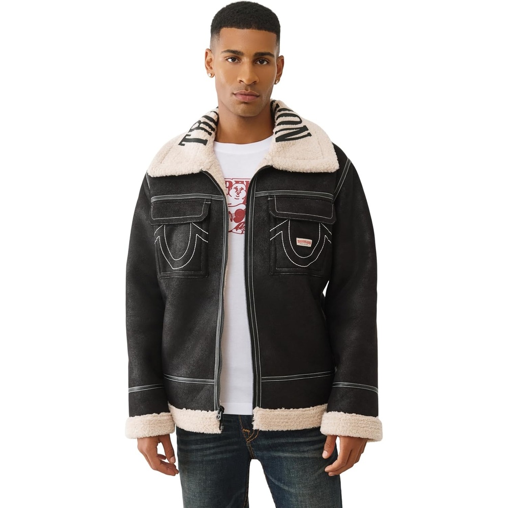 image:imageTrue Religion Sherpa PU Jacket for Men  Faux Leather Winter Jacket with Logo Warm Streetwear OuterwearJet Black