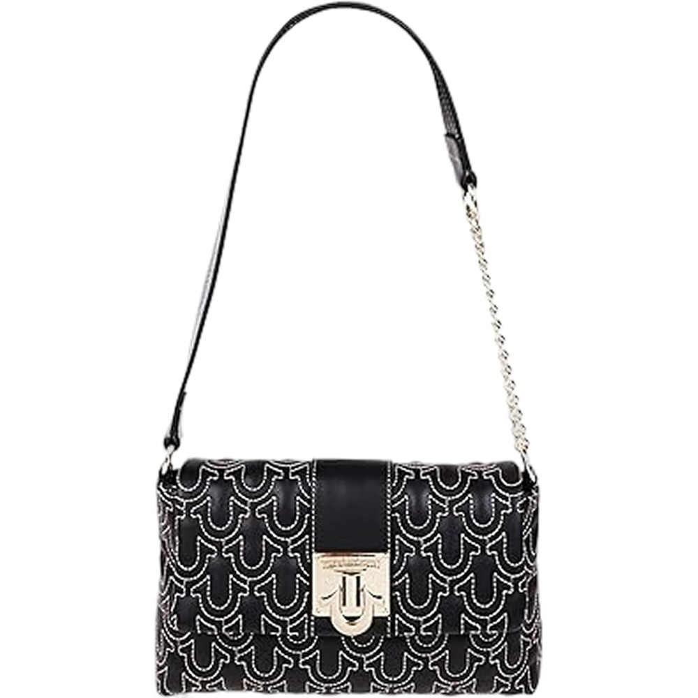 image:imageTrue Religion Shoulder Bag Black  Horseshoe Quilt Logo Plaque Flap Purse with Chain Strap Quilted Stitch Design and Gold Hardware