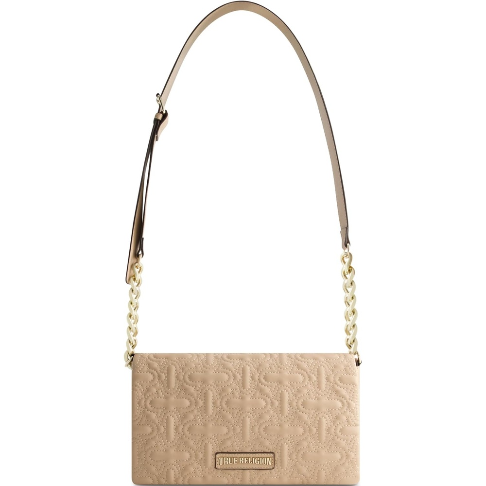image:imageTrue Religion Shoulder Bag Purse Quilted Horseshoe Flap Hobo Handbag with Adjustable Chain StrapCamel