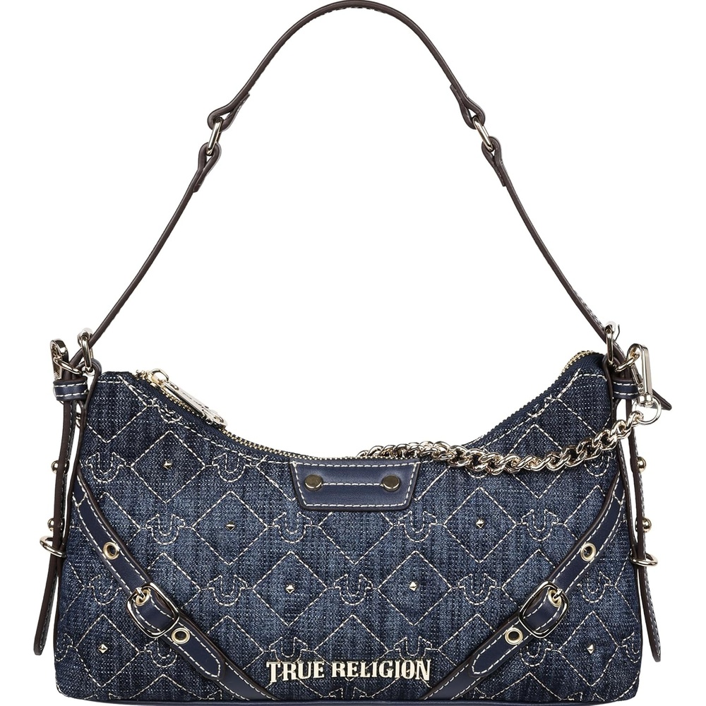 image:imageTrue Religion Shoulder Bag Studded Chain Purse with Quilted Horseshoe Stitching Detachable Handle and Gold Hardware Dark Denim  Studded Chain Purse with Quilted Horseshoe Stitching Detachable Handle and Gold Hardware
