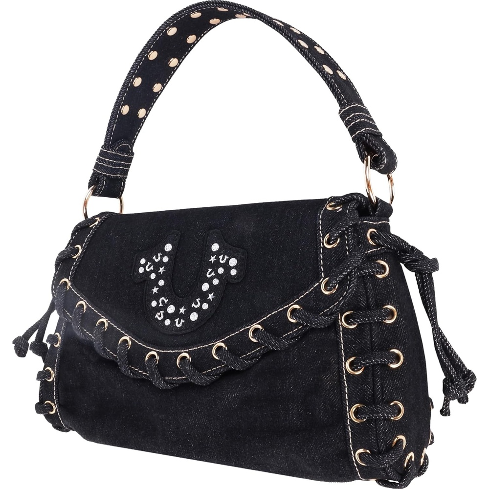 image:imageTrue Religion Studded Horseshoe Eyelet Denim Flap Bag Crossbody Shoulder Handbag Black  Durable construction with an adjustable strap for everyday use