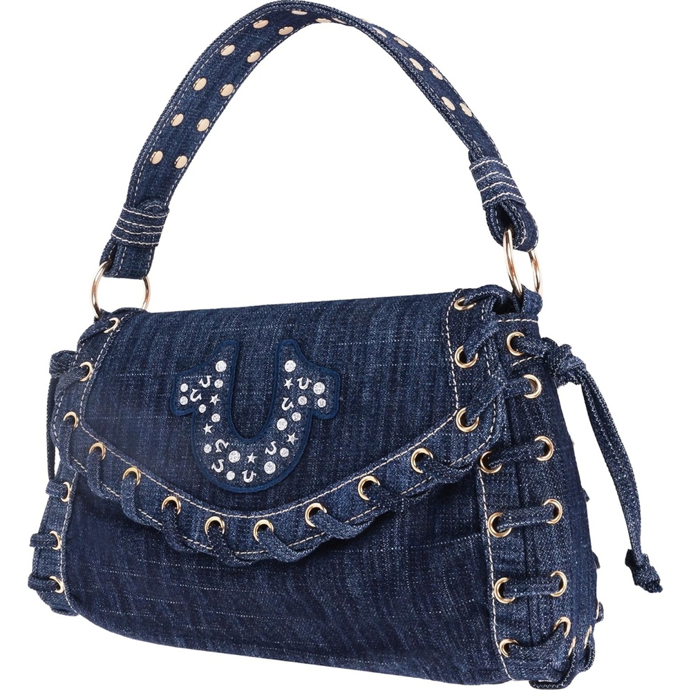 image:imageTrue Religion Studded Horseshoe Eyelet Denim Flap Bag Crossbody Shoulder Handbag with Logo and Stud Details Dark Denim  Crossbody Shoulder Handbag with Logo and Stud Details