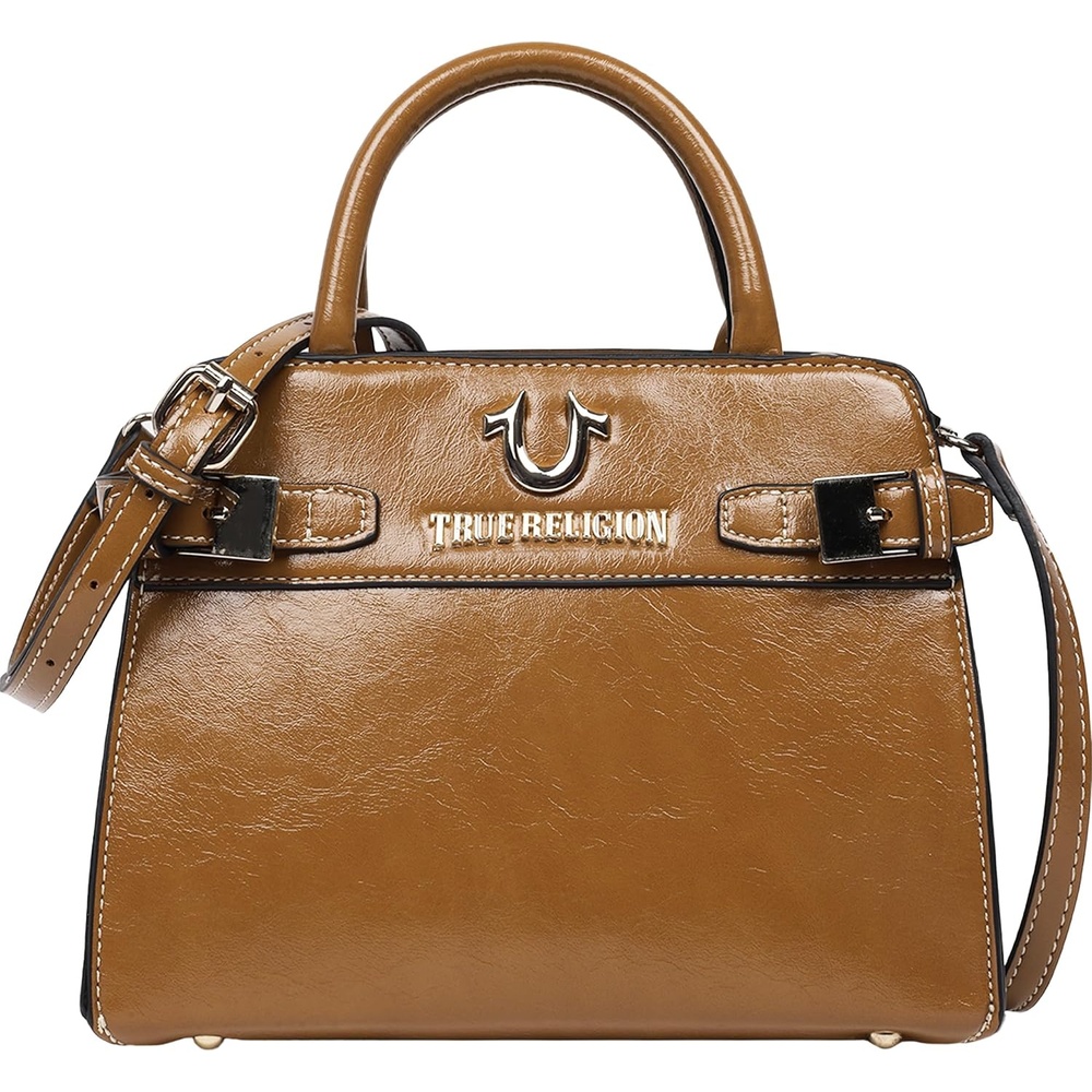 image:imageTrue Religion Tote Bag Buckle Tab Structured Purse with Detachable Strap Contrast Stitching and Silver HardwareCamel
