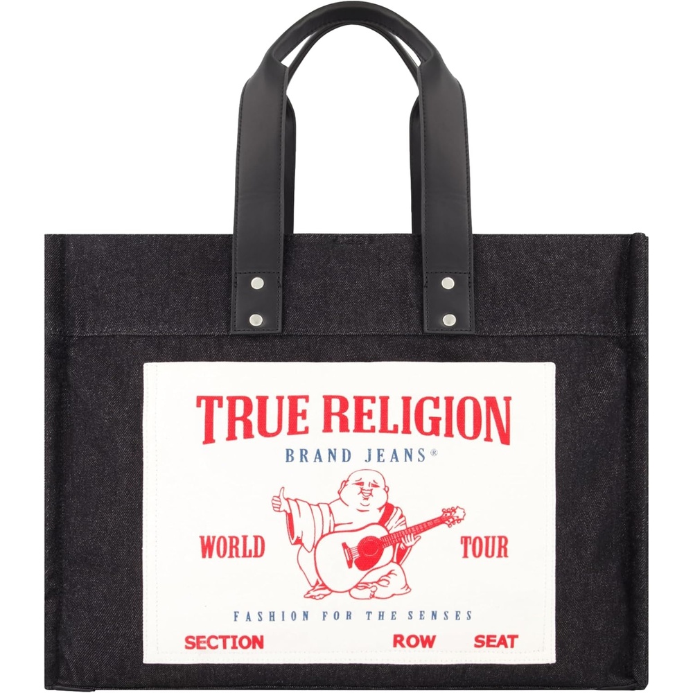 image:imageTrue Religion Tote Bag Canvas Travel Carryall Shoulder HandbagBlack