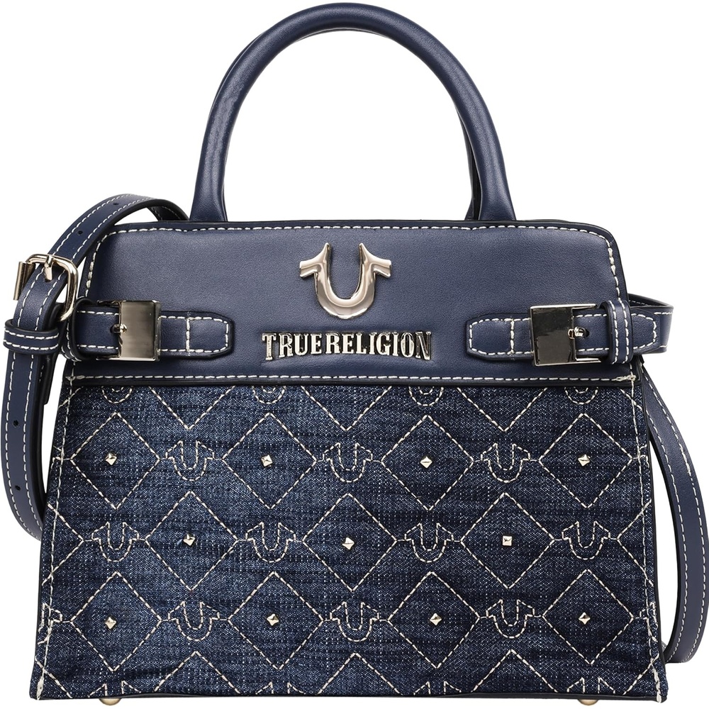 image:imageTrue Religion Tote Bag Studded Denim Purse with Quilted Horseshoe Pattern Buckle Tab Details and Gold Hardware Dark Denim  Studded Purse with Quilted Horseshoe Pattern Buckle Tab Details and Gold Hardware