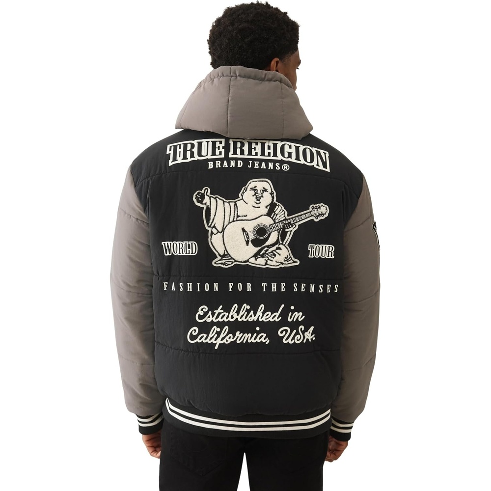image:imageTrue Religion Varsity Hooded Puffer Jacket for Men  Warm Lightweight Winter Outerwear with Logo PatchesJet Black  Granite Grey