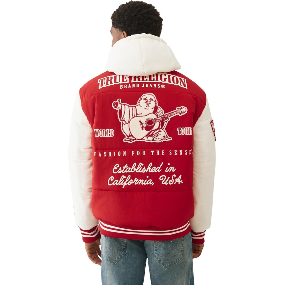 image:imageTrue Religion Varsity Hooded Puffer Jacket for Men  Warm Lightweight Winter Outerwear with Logo PatchesTrv Red  Winter White