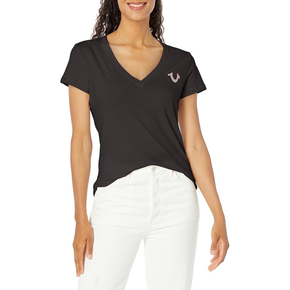 image:imageTrue Religion Womens Arched Logo Slim V TeeJet Black