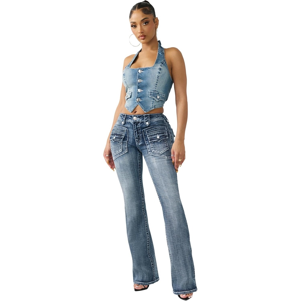 image:imageTrue Religion Womens Becca Mid Rise Flap Bootcut Jean  Stretch Denim Light Wash Flattering MidRise Fit Retro Pockets