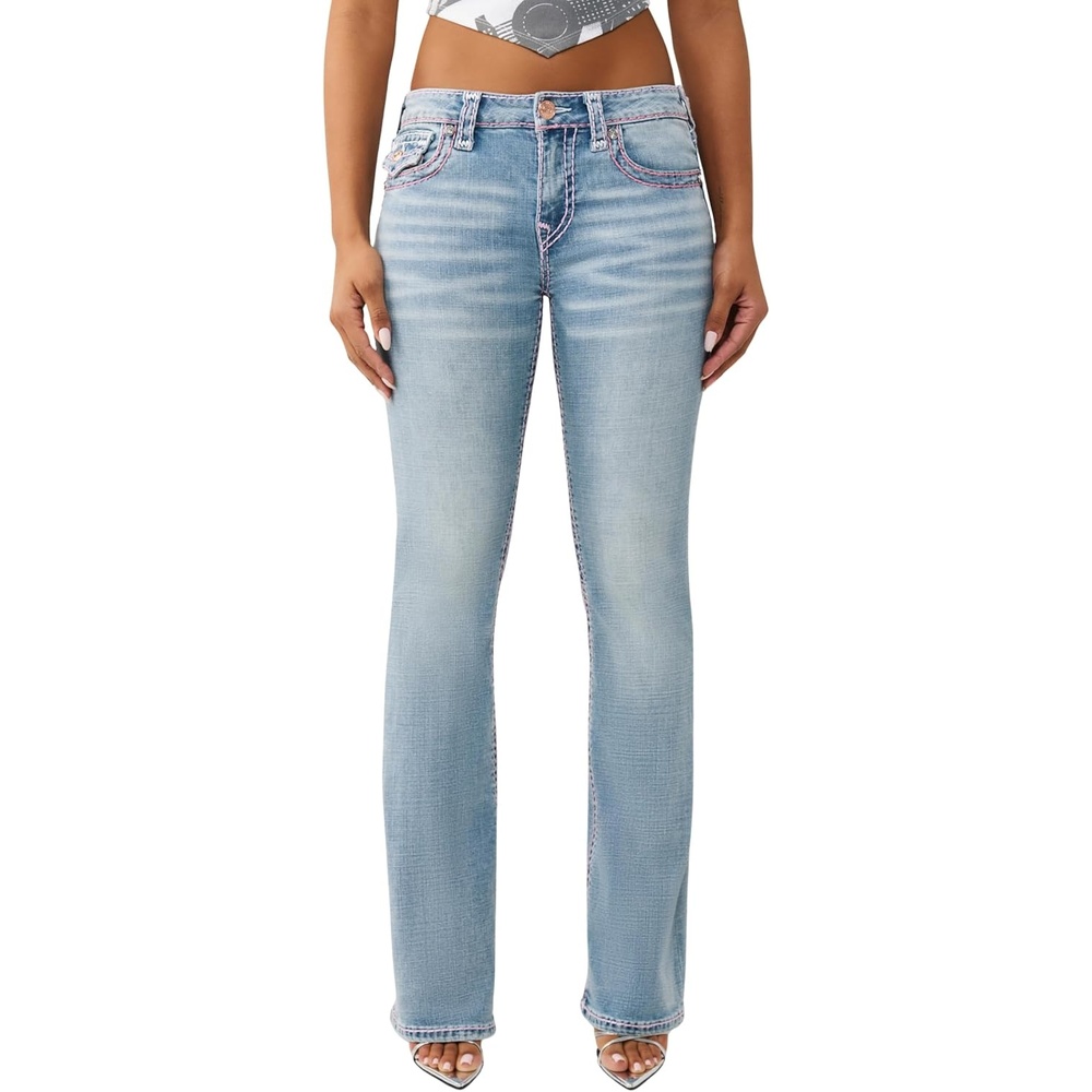 image:imageTrue Religion Womens Becca Super T Bootcut Jean  Mid Rise Fit Stretch Denim Signature Super T Stitching
