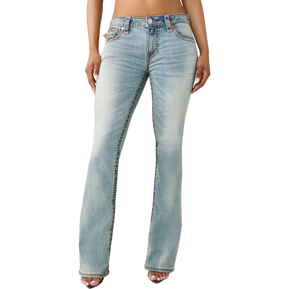 image:imageTrue Religion Womens Becca Super T Bootcut Jeans  Mid Rise Denim with Red Super T Stitching amp Horseshoe Flap Pockets