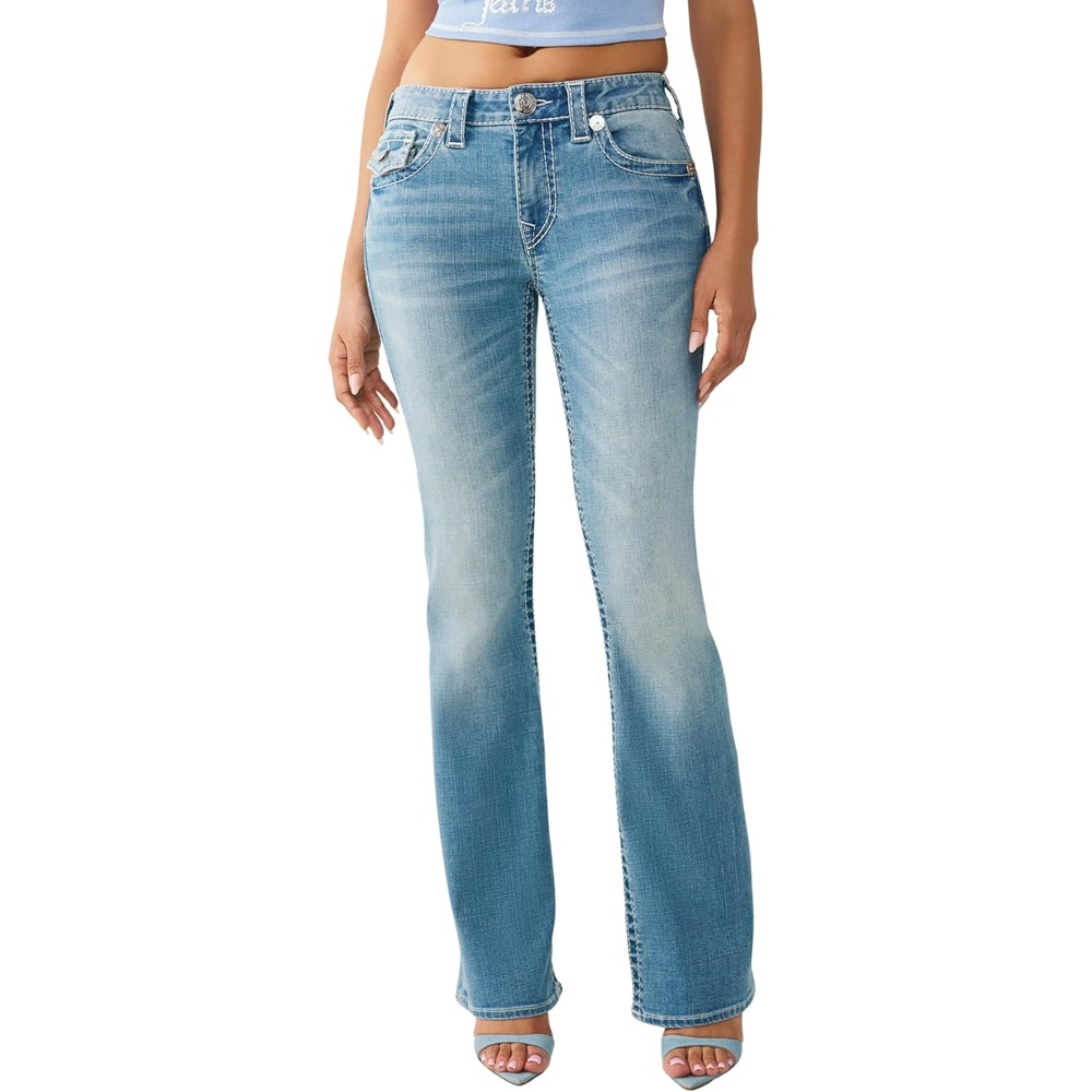 image:imageTrue Religion Womens Becca Tattoo Bootcut Jeans  Mid Rise Big T Flap