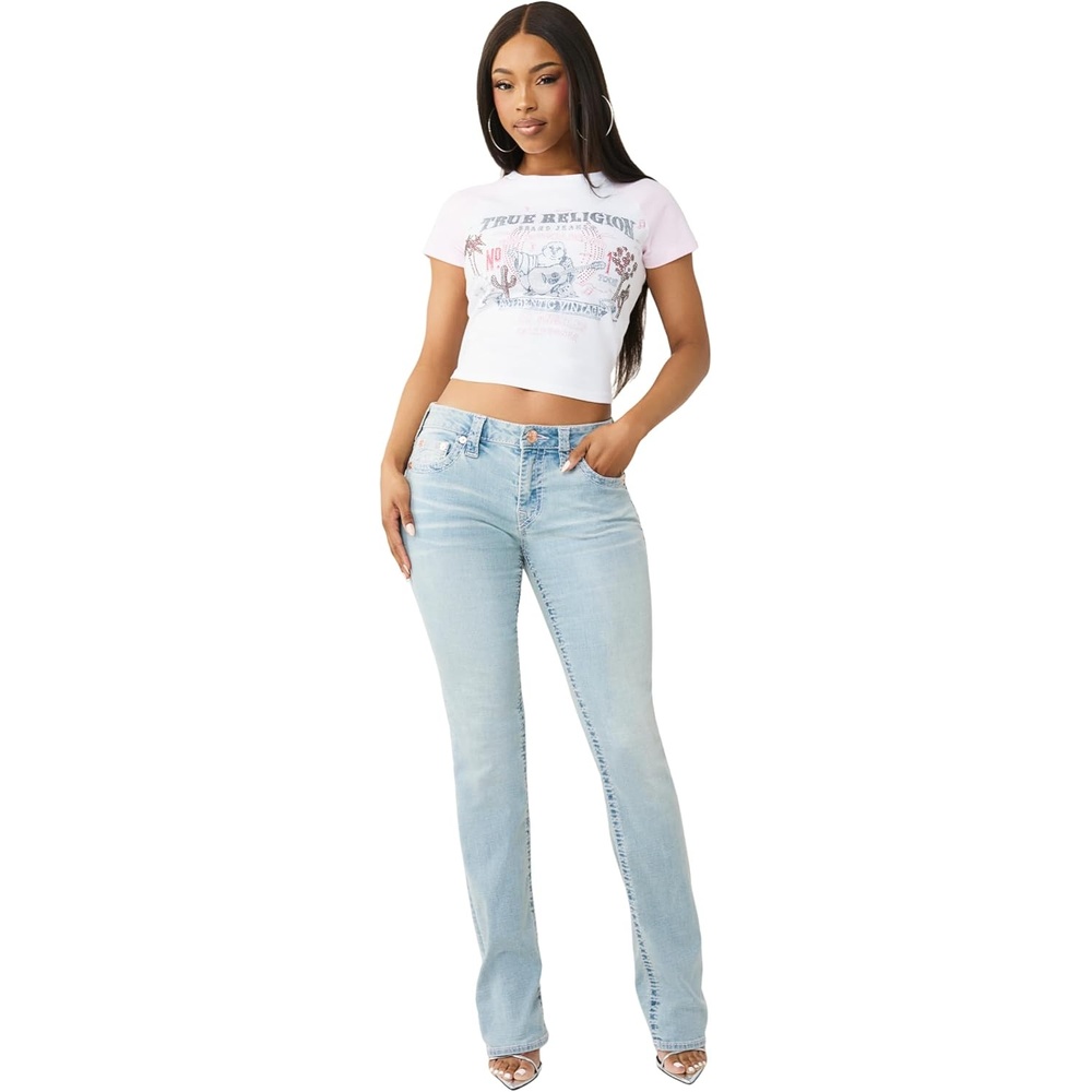 image:imageTrue Religion Womens Billie Big T Stitch Straight Jean  Mid Rise Fit Stretch Denim Rose Gold Hardware