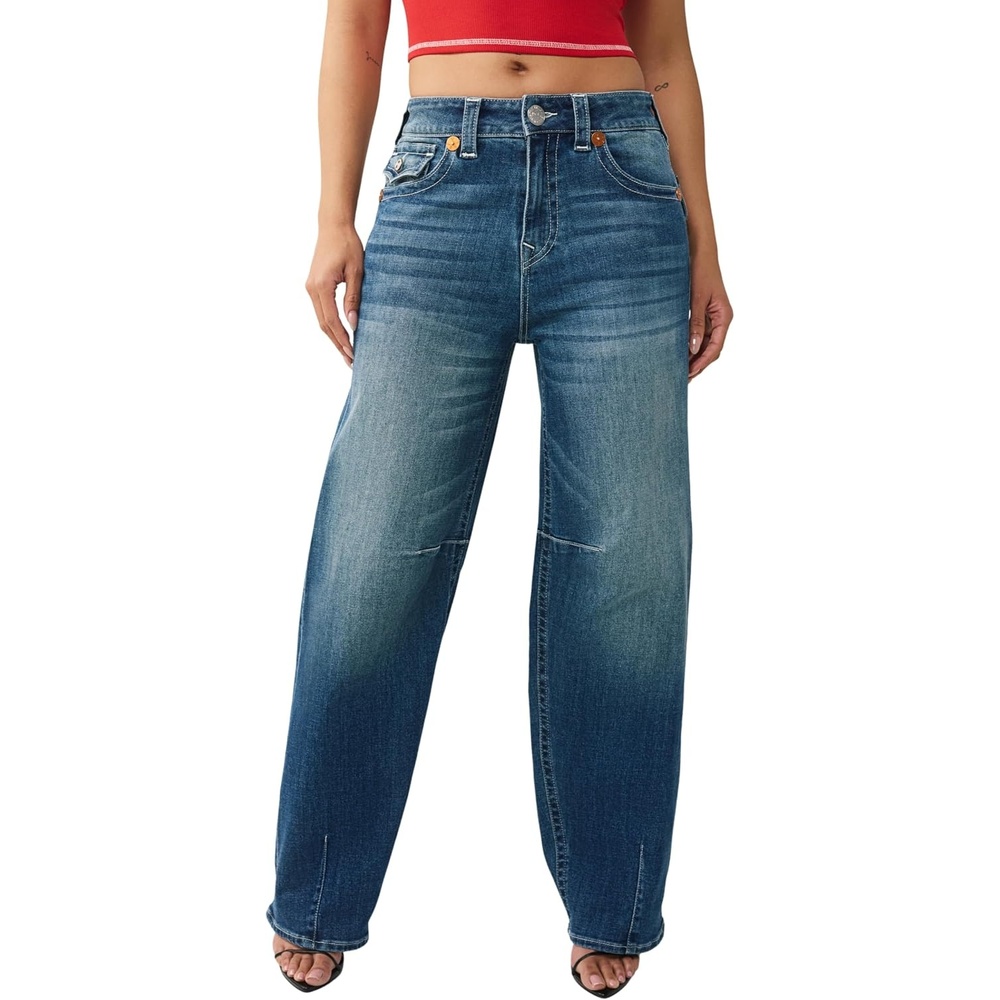 image:imageTrue Religion Womens Billie Mid Rise Straight Big T  Big T Stitching Horseshoe Details