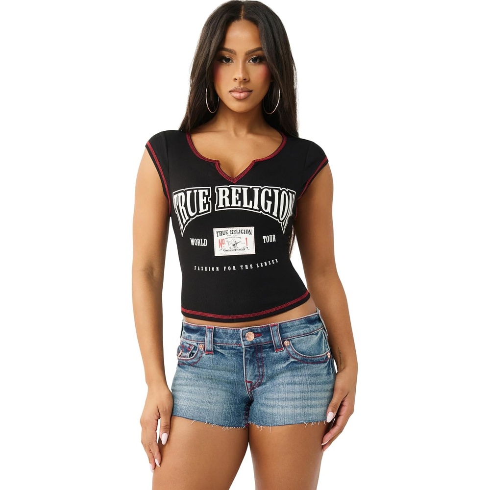 image:imageTrue Religion Womens Buddha V Notch Baby Tee  Cropped Ribbed Knit Top with Puff Print Logo amp Cap SleevesJet Black