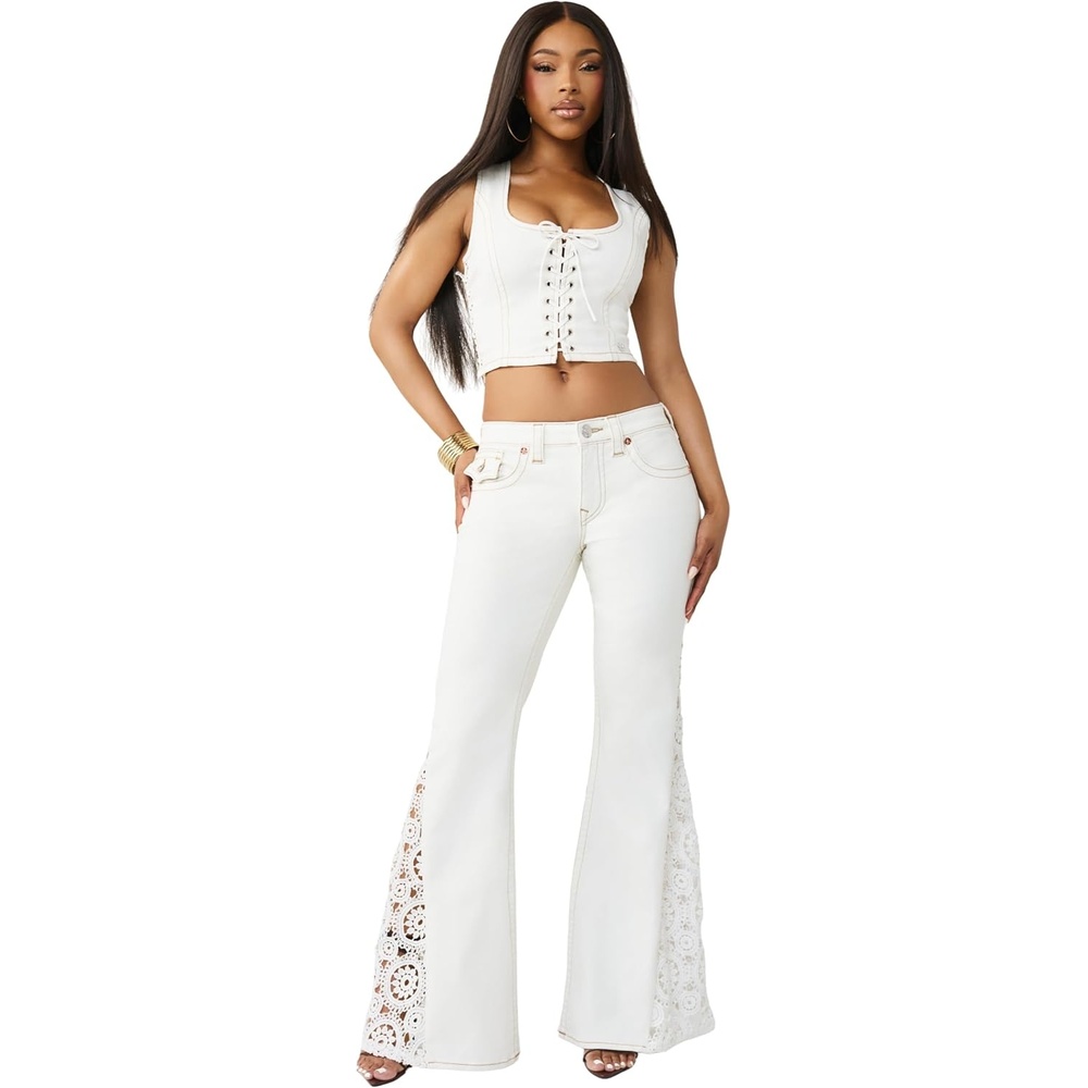 image:imageTrue Religion Womens Crochet Mid Rise Flare Flap Jean  Mid Rise Fit Boho Crochet Flare Detailing Stretch Denim