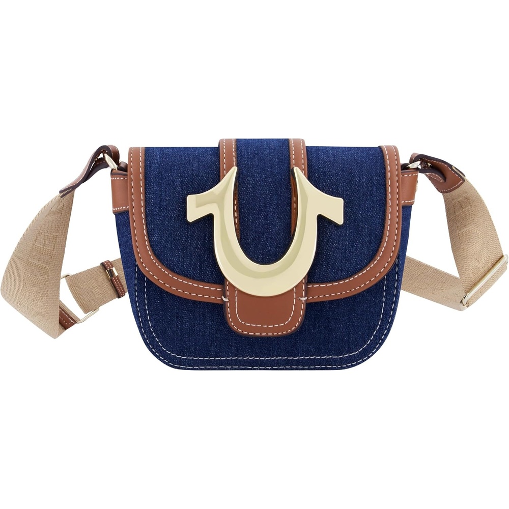 image:imageTrue Religion Womens Crossbody Bag Denim Flap Adjustable Shoulder Handbag with Horseshoe LogoDark Denim