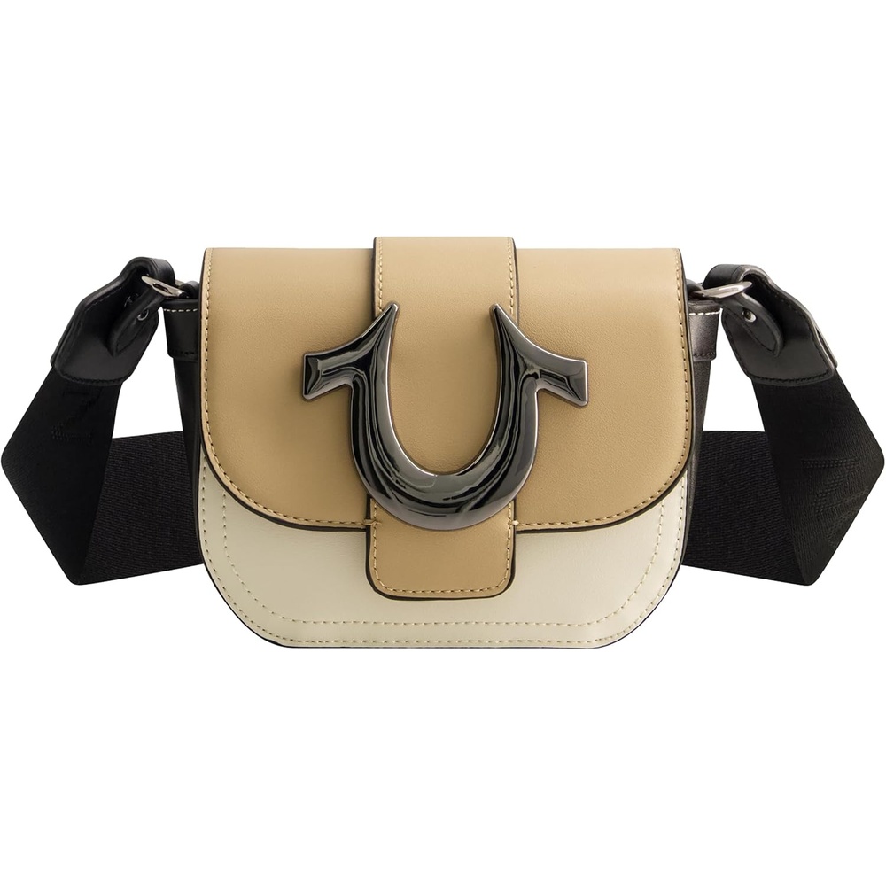 image:imageTrue Religion Womens Crossbody Bag Mini Flap Adjustable Shoulder Handbag Purse with Horseshoe LogoCamel