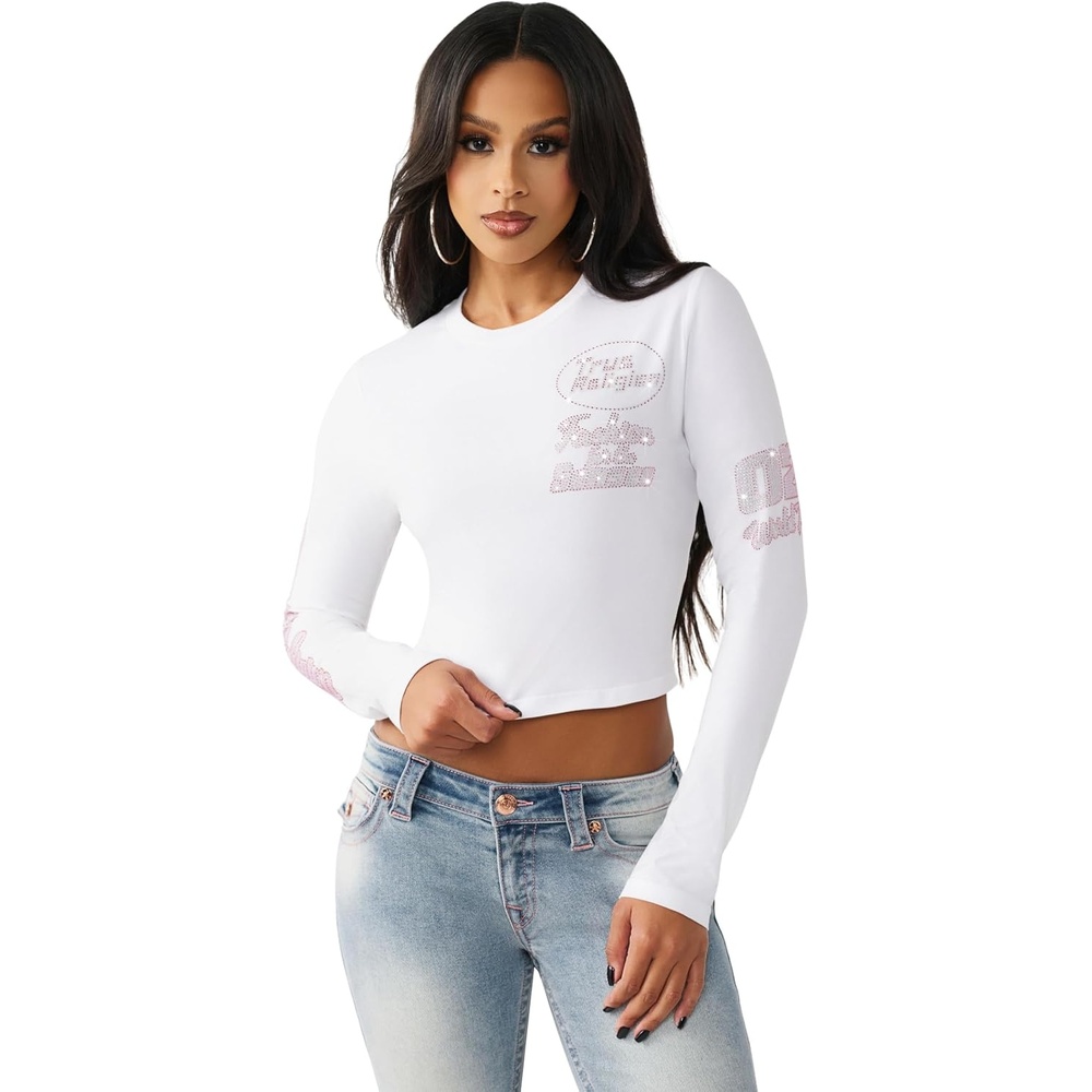 image:imageTrue Religion Womens Crystal Contrast Stitch Long Sleeve Baby Tee  Rhinestone Logo Slim Fit Crew Neck Cotton Blend TopWhitePink