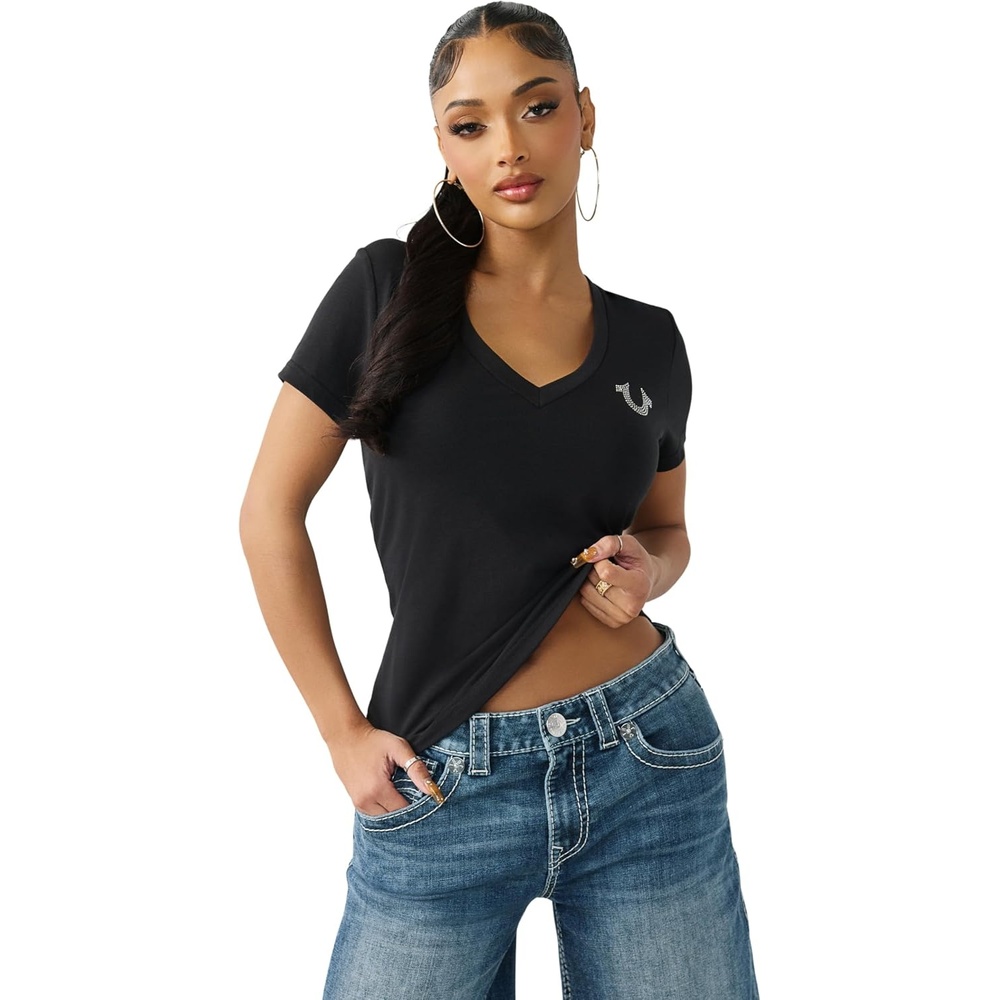 image:imageTrue Religion Womens Crystal V Neck Logo Tee  Rhinestone Logo Short SleevesJet Black