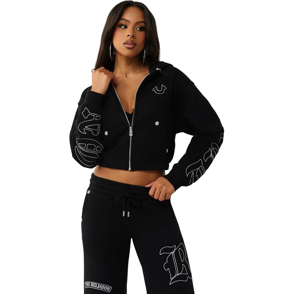 image:imageTrue Religion Womens Horseshoe Appliqu Zip Hoodie  Full Zip SweatshirtJet Black