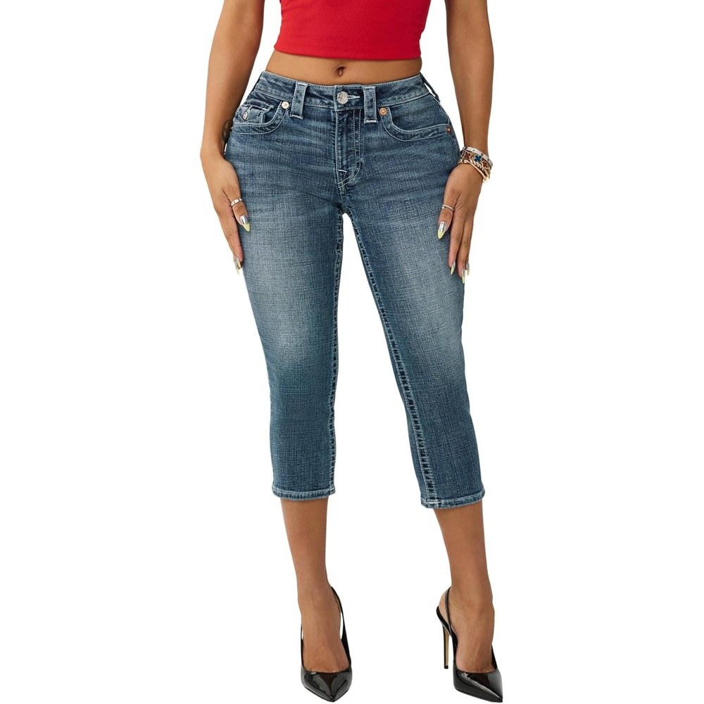 image:imageTrue Religion Womens Jennie Mid Rise Skinny Capri Jeans  Medium Wash Denim with Flap Pockets Split Hem  Blue Radiance 34  Medium Wash Denim with Flap Pockets Split HemBlue Radiance