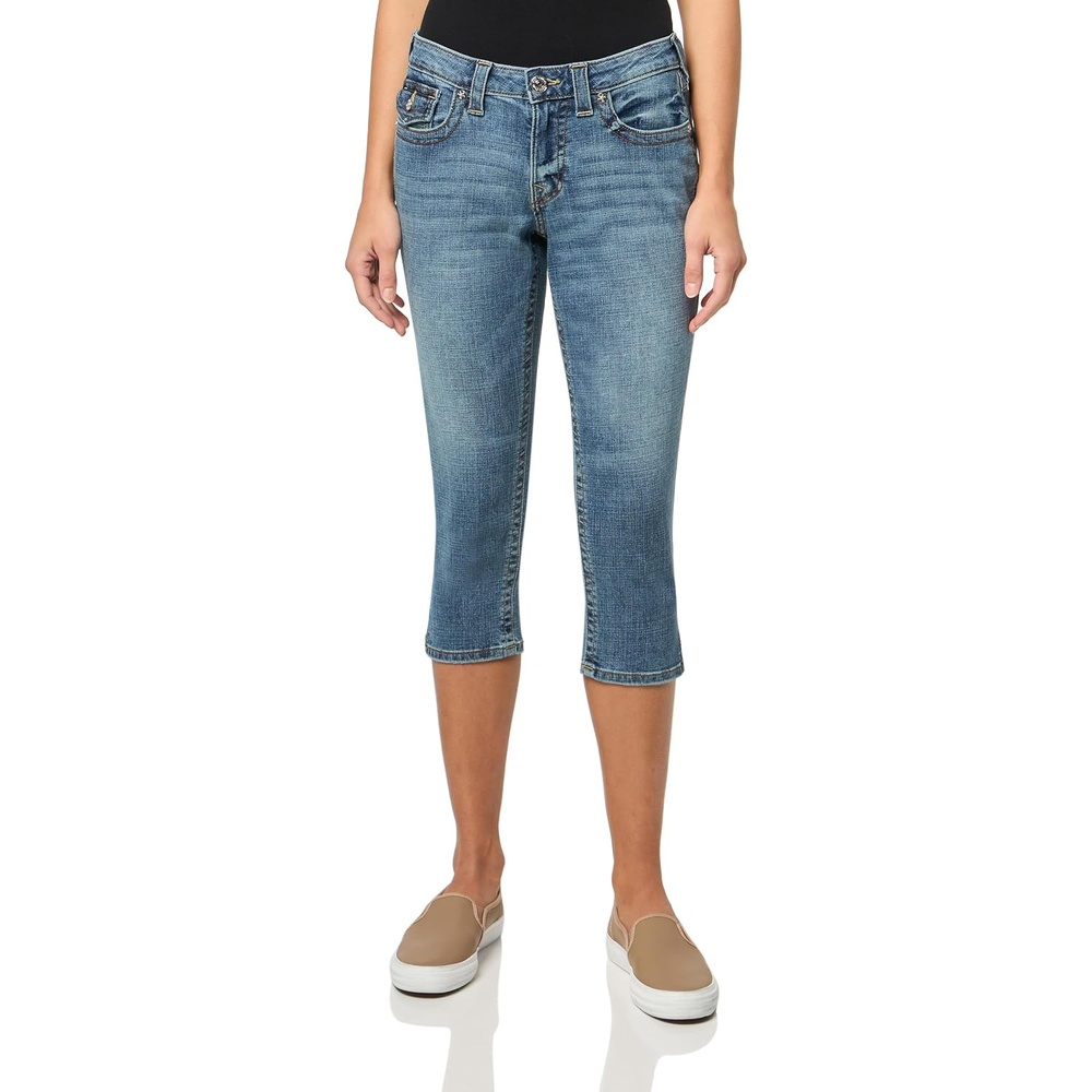image:imageTrue Religion Womens Jennie Mid Rise Skinny Capri Jeans  Medium Wash Denim with Flap Pockets Split Hem  Blue Radiance 34  Medium Wash Denim with Flap Pockets Split HemSunset Rose