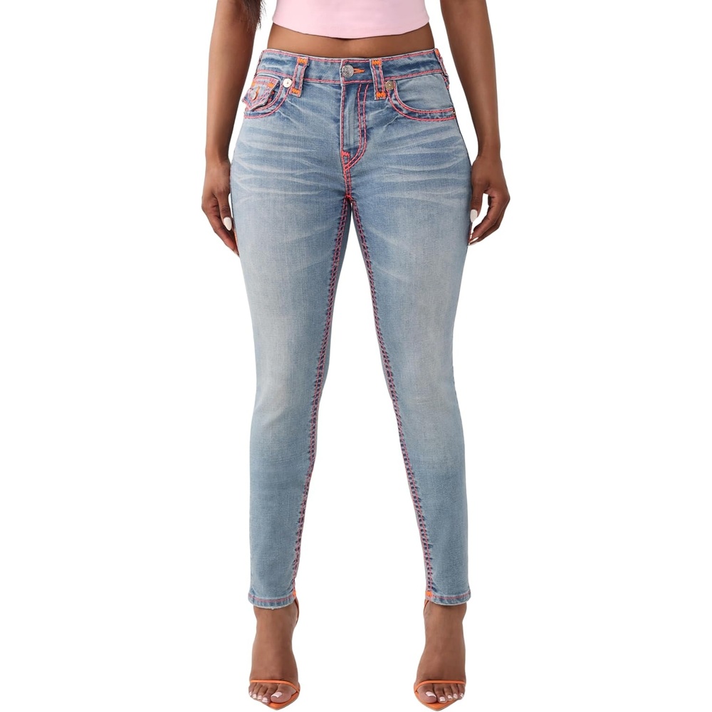 image:imageTrue Religion Womens Jennie Mid Rise Skinny Jeans  Skinny Fit Super T Flap Pocket Cotton BlendMarina Fog