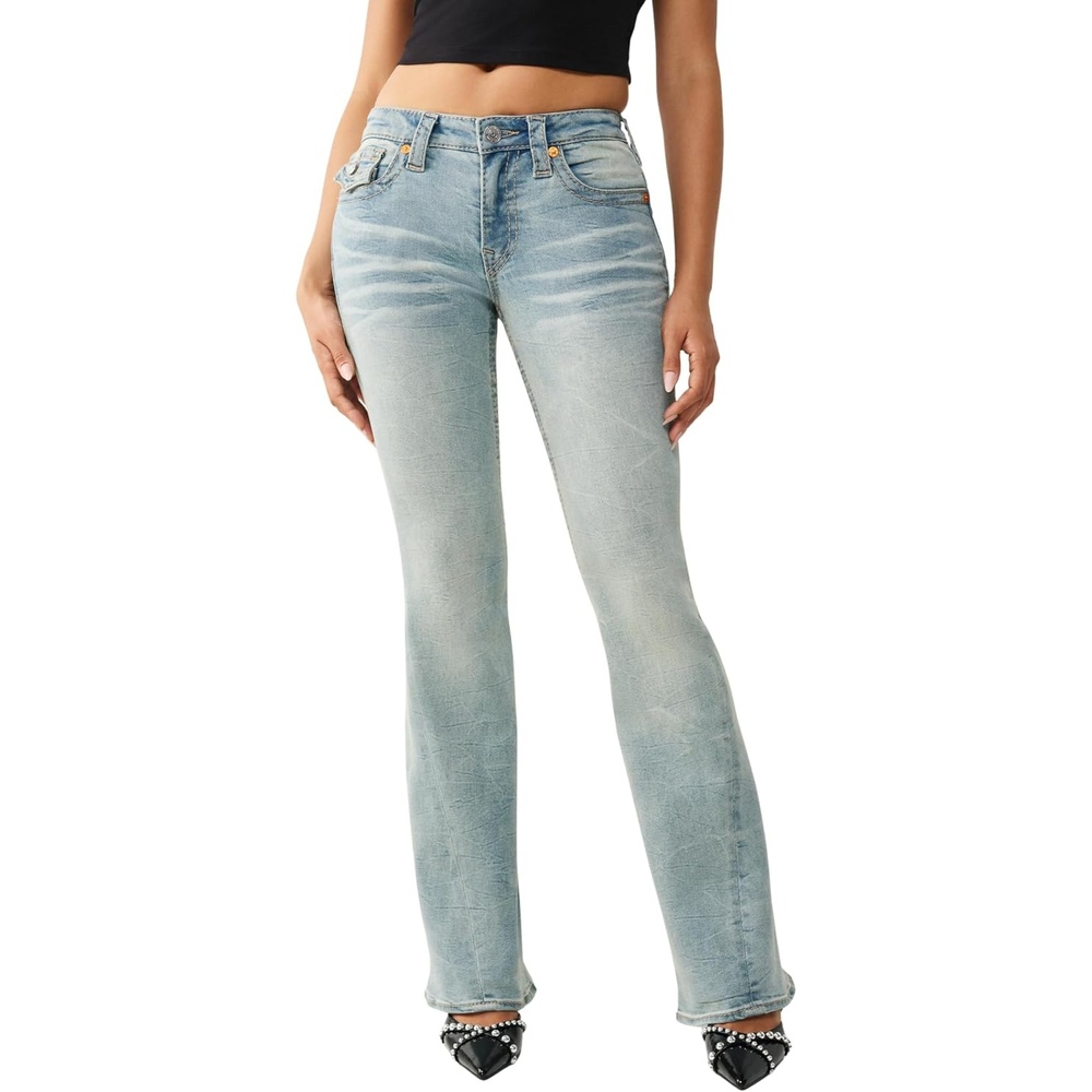 image:imageTrue Religion Womens Joey Mid Rise Big T Flare Jeans  Pink Horseshoe Flap Pockets amp Classic Flared Denim Fit
