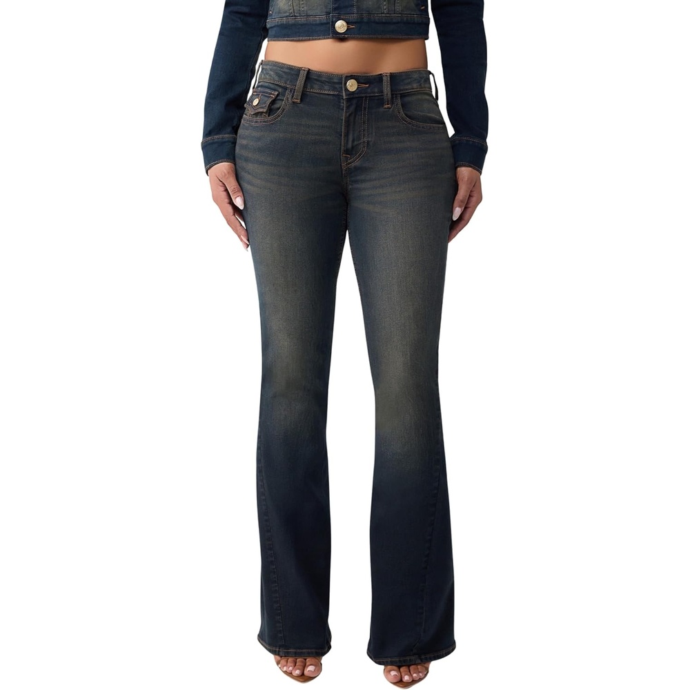 image:imageTrue Religion Womens Joey Single Needle Studded Flap Flare Jeans  Flare Silhouette Premium Stretch Denim Trendy FitDark Eclipse Wash