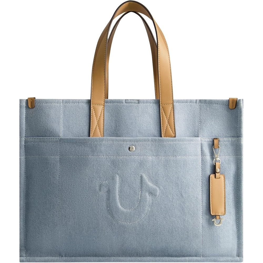 image:imageTrue Religion Womens Large Tote Bag Stitched Horseshoe Canvas Travel Carryall Shoulder HandbagLight Blue
