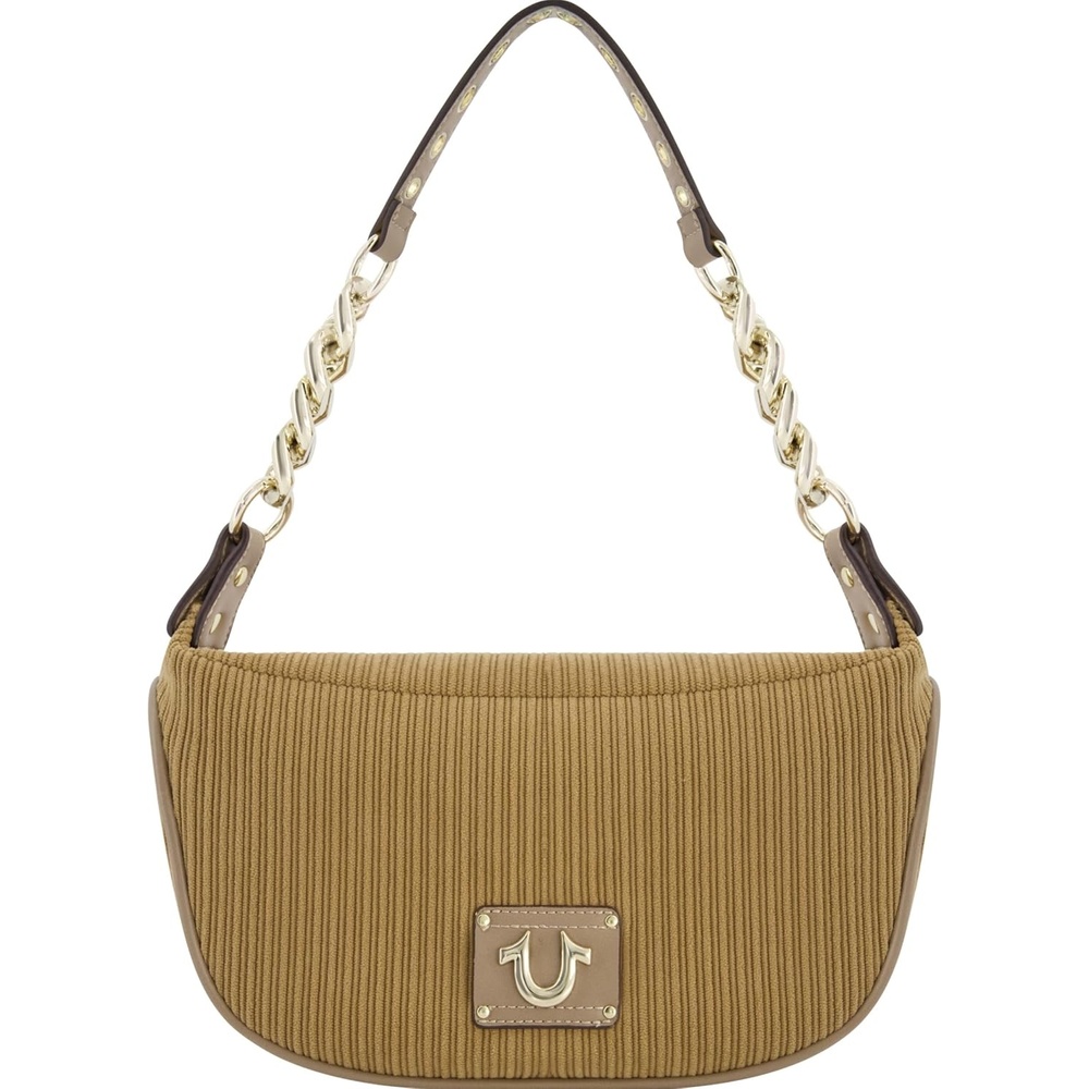 image:imageTrue Religion Womens Shoulder Bag Purse Corduroy Hobo Handbag with Chain StrapCamel
