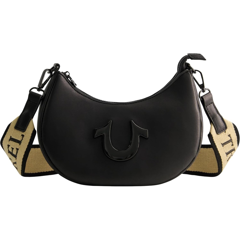 image:imageTrue Religion Womens Shoulder Bag Purse Crescent Hobo Handbag with Adjustable Removable Strap and Horseshoe LogoBlack