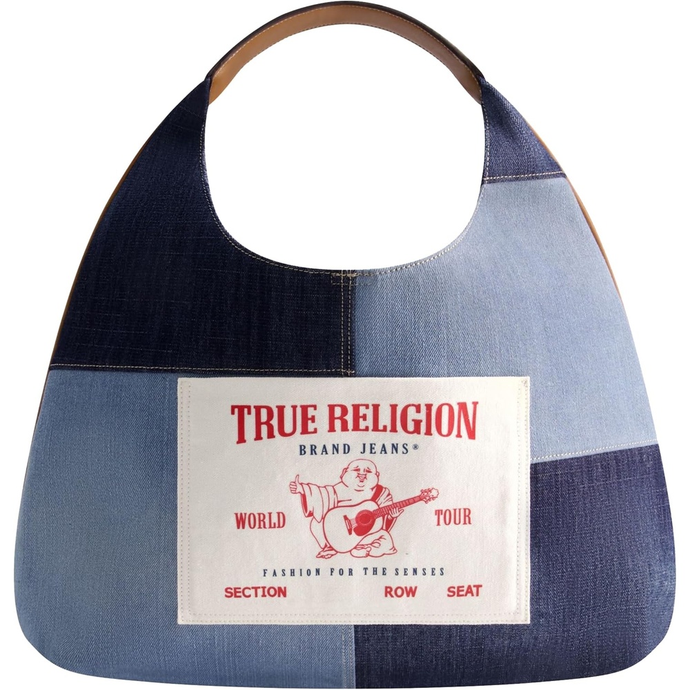 image:imageTrue Religion Womens Shoulder Bag Purse Denim  Patchwork Large Hobo Handbag with Buddha Logo