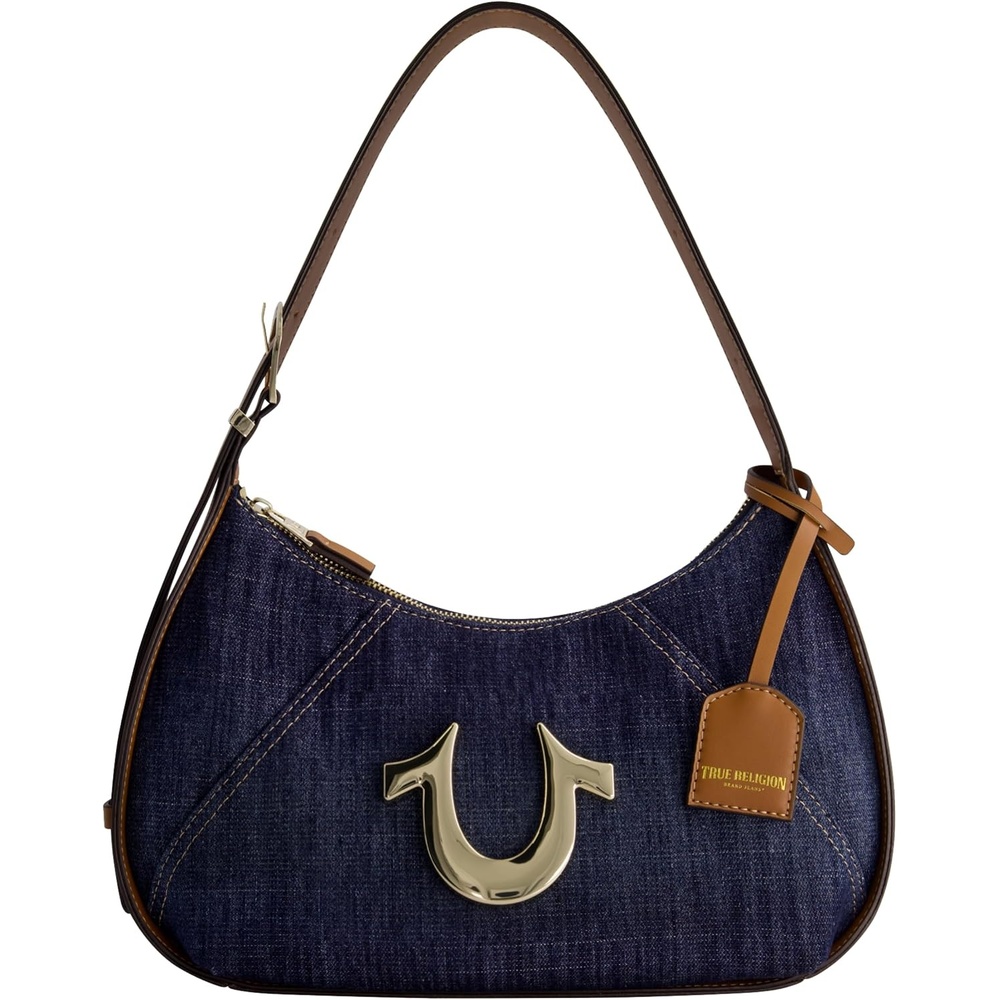 image:imageTrue Religion Womens Shoulder Bag Purse Hobo Handbag with Adjustable Strap and Metal Horseshoe Logo Dark Denim  Hobo Handbag with Adjustable Strap and Metal Horseshoe Logo