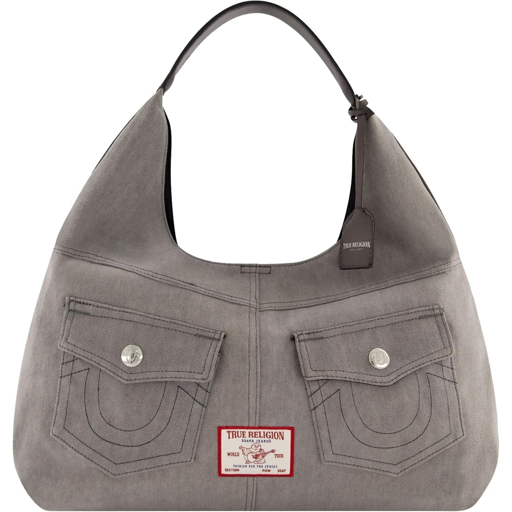 image:imageTrue Religion Womens Shoulder Bag Purse Hobo Handbag with Front PocketsGrey