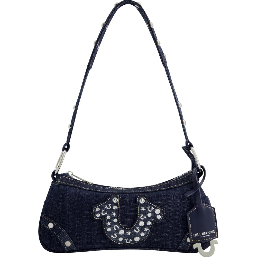 image:imageTrue Religion Womens Shoulder Bag Purse Mini Travel Handbag with Studded Horseshoe Logo Denim