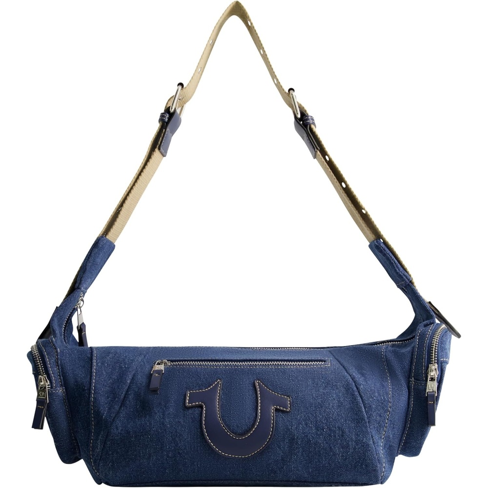 image:imageTrue Religion Womens Shoulder Bag Purse Slouchy Hobo Handbag with Adjustable Strap and Horseshoe LogoDark Denim