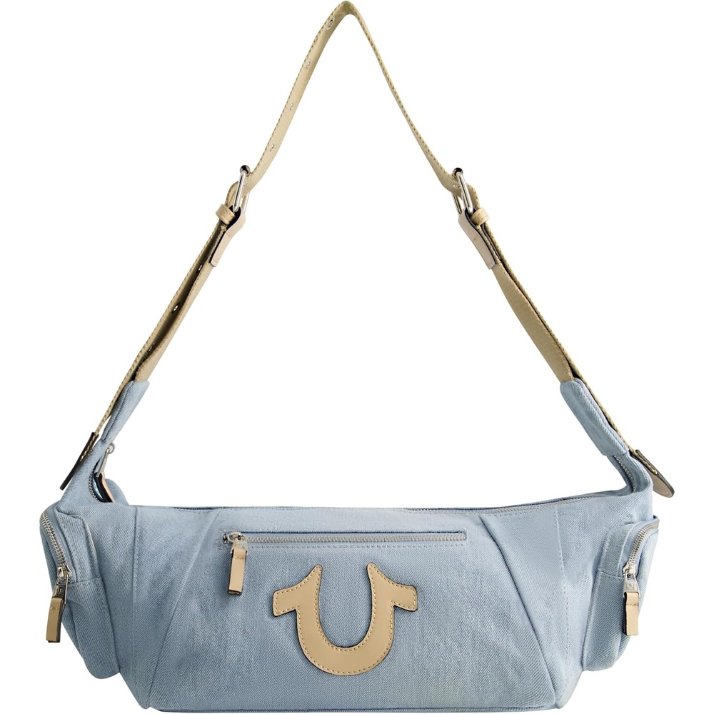 image:imageTrue Religion Womens Shoulder Bag Purse Slouchy Hobo Handbag with Adjustable Strap and Horseshoe LogoLight Blue