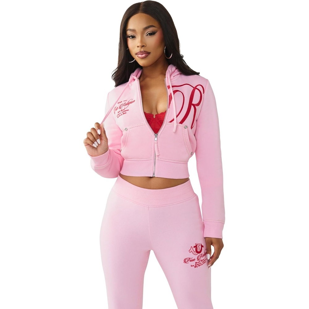 image:imageTrue Religion Womens Shrunken Big T Zip Hoodie  Cropped Fit Split Pockets Horseshoe DetailingFairytale