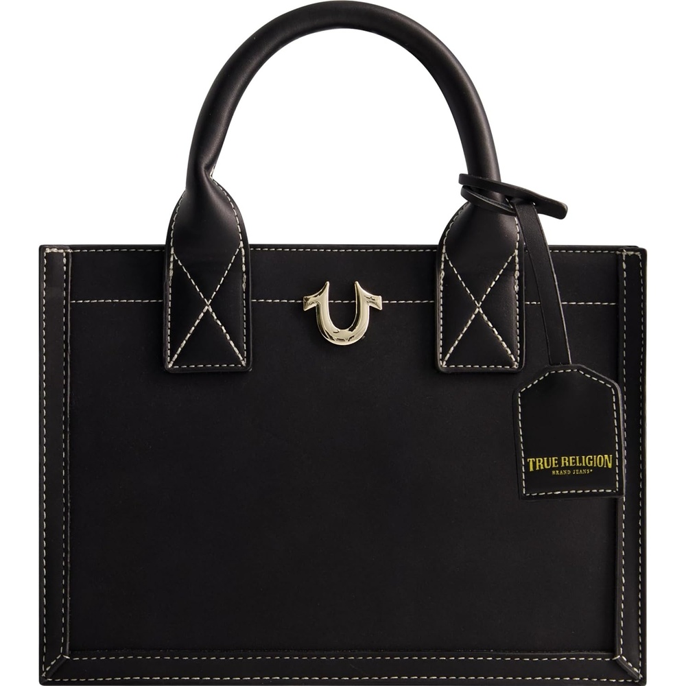 image:imageTrue Religion Womens Tote Bag Faux Suede Medium Travel Purse Handbag with Adjustable Shoulder Strap and Horseshoe LogoBlack