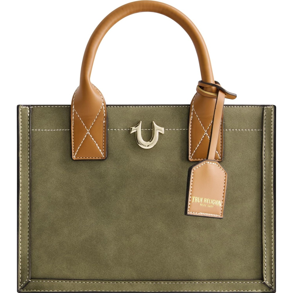 image:imageTrue Religion Womens Tote Bag Faux Suede Medium Travel Purse Handbag with Adjustable Shoulder Strap and Horseshoe LogoOlive